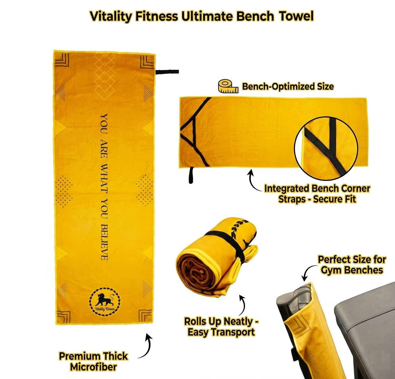 Vitality Fitness Workout Towel, for Gym Addicts, Straps to Hold on Bench & Roll Up Neatly, Size 55 x 20 Inch, Thick Micro Fiber, Yellow
