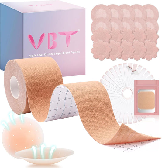 VBT 3" Boob Tape/Breast Lift Tape Suitable for Large Breasts, Size A-G Cup, 1 Roll Boob Tape, 5 Pairs Satin Breast Petals, 1 Pair Silicone Nipple Stickers, 36 PCS Double Sided Clothing Tape (color-nude)