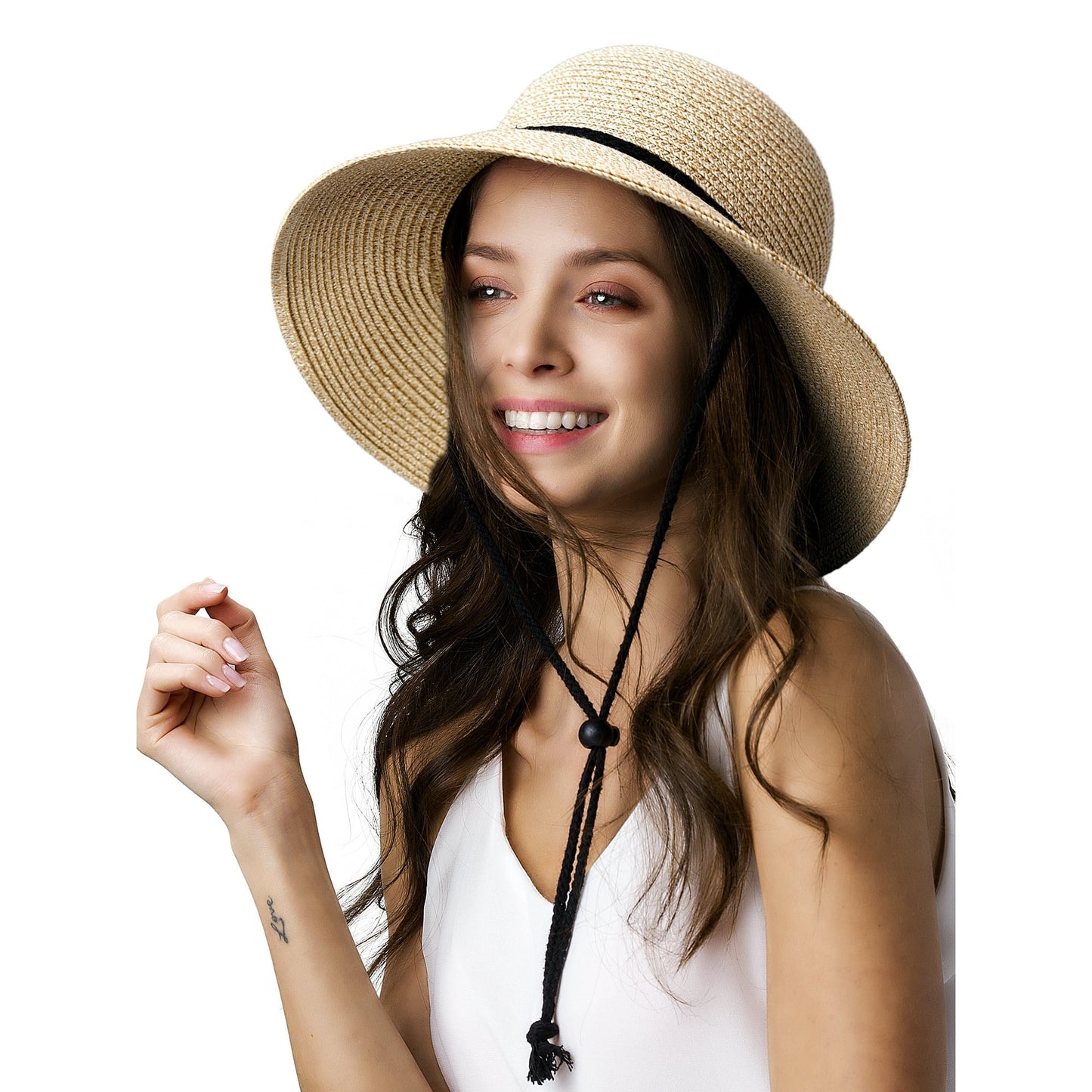 FURTALK Women's Wide Brim Sun Hat with Wind Lanyard UPF 50+ Straw Sun Hat for Women Beige (MEDIUM)