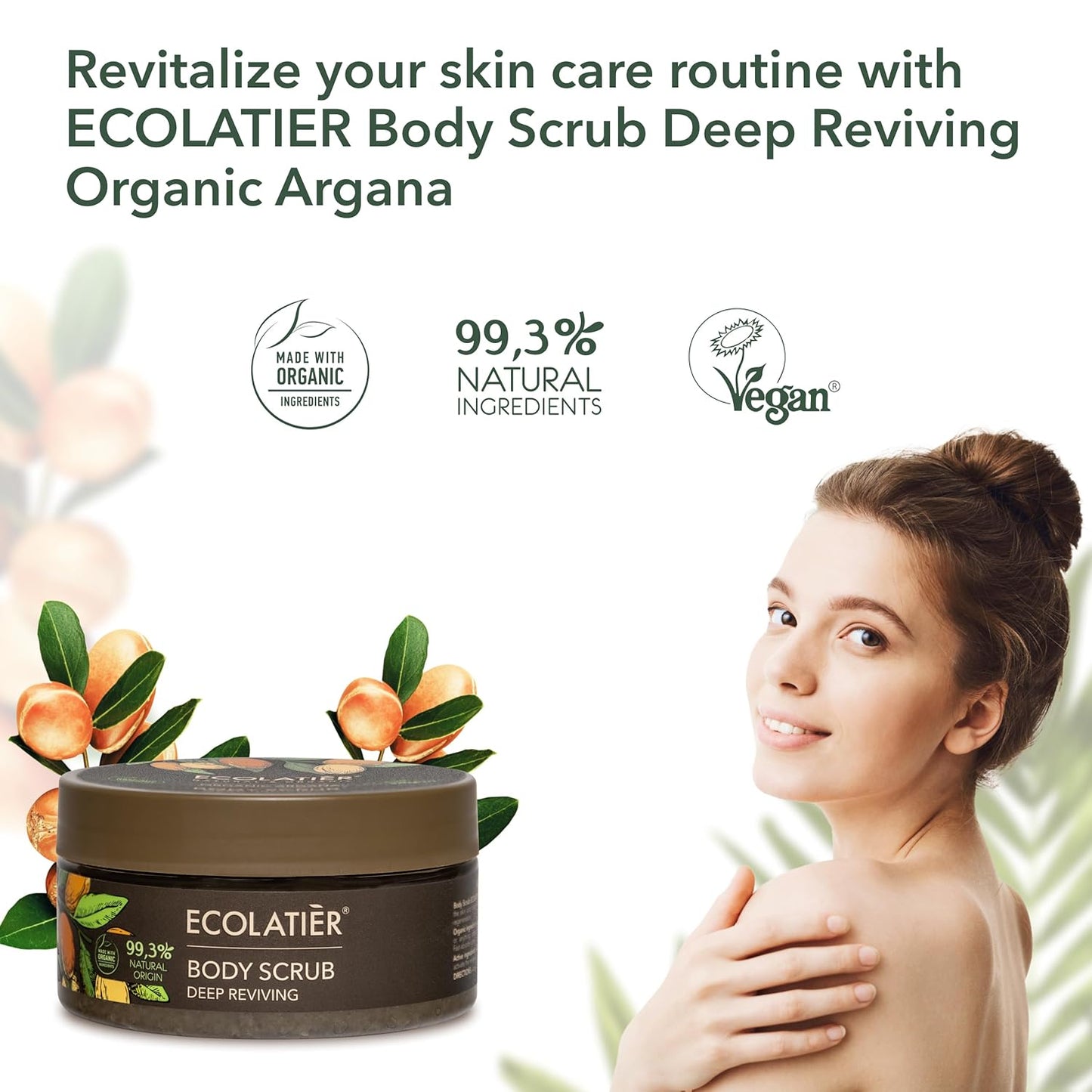 Body Scrub with Organic Argan Oil – Deep Reviving Salt Exfoliating Body Scrub 99.3% Natural, Vegan, Gentle Hydrating Scrub for Smooth Skin, 8.5 Fl Oz