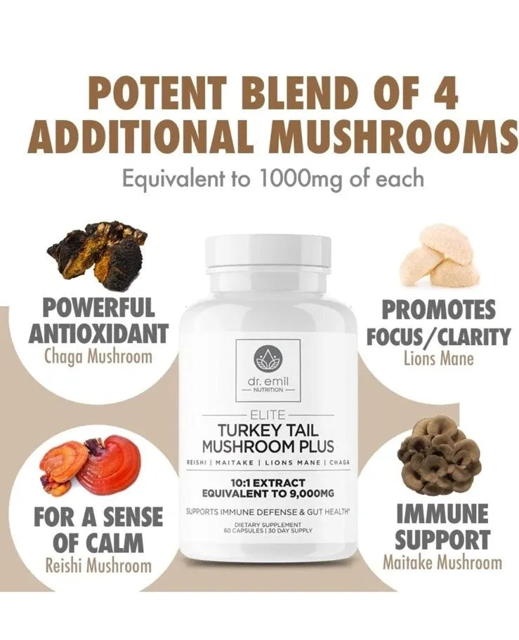 Dr. Emil Nutrition Turkey Tail Mushroom Plus Lions Mane, Chaga, Reishi, Maitake