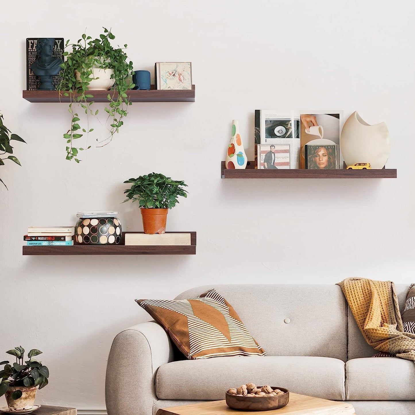 Set of 3 Walnut Picture Ledge Shelves (36 Inch) - U-Shaped Floating Wall Mount for Photos, Vinyl Records & Decor - Modern Display Ledge