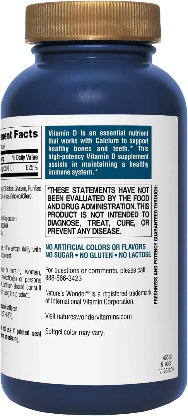 Nature's Wonder Vitamin D3 5000iu (125mcg) High Potency, Dietary Supplement to Support Bone Health and Immune System, Gluten Free, 360 Softgels