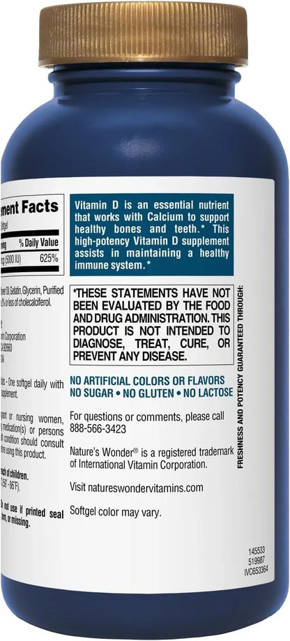 Nature's Wonder Vitamin D3 5000iu (125mcg) High Potency, Dietary Supplement to Support Bone Health and Immune System, Gluten Free, 360 Softgels