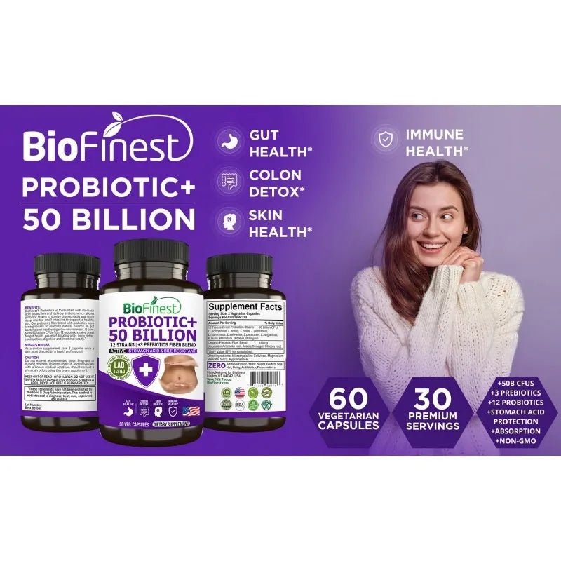Biofinest Probiotic 50 Billion CFU Enzyme Supplement - 12 Probiotics Strains with 3 Prebiotics (60 veg. caps)