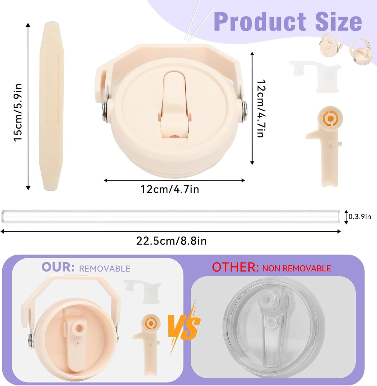 40 oz Flip Straw Leak Proof Lid with Handle for 40 oz. Stanley Quencher H2.0 & Pro Tour, Replacement Lid, Spill-proof, & Reusable (beige)