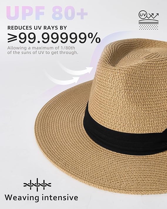 FURTALK Womens Wide Brim Straw Panama Hat Fedora Summer Beach Sun Hats UPF Straw Hat Khaki (LARGE)