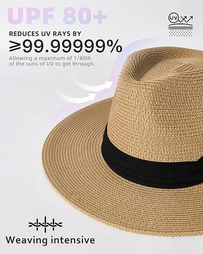 FURTALK Womens Wide Brim Straw Panama Hat Fedora Summer Beach Sun Hats UPF Straw Hat Khaki (LARGE)
