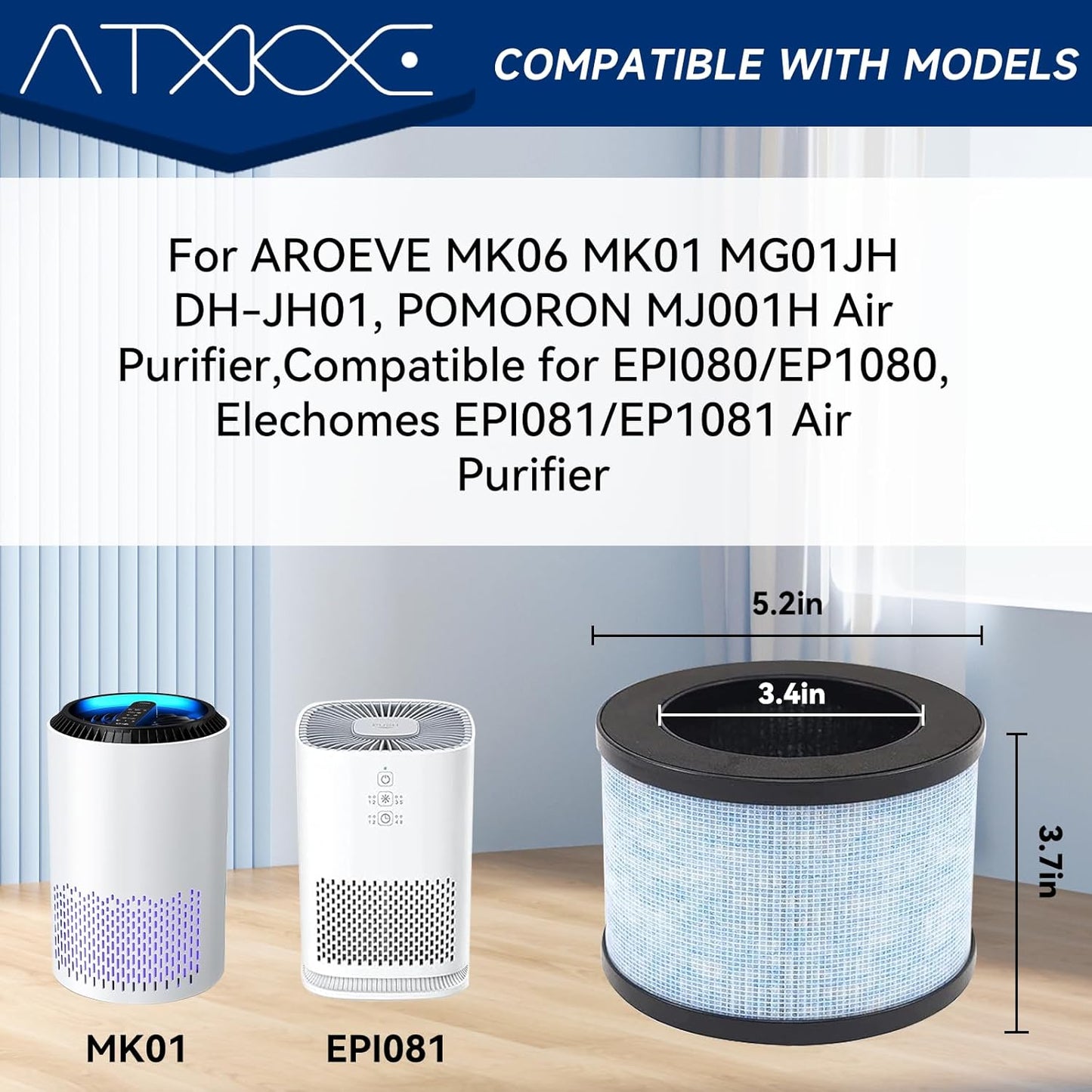 2 Pack MK01 Air Filter Replacement for Aroeve Air Purifiers Filter MK01, MK06, True Filter Compatible with ToLife TZ-K1, Kloudi DH-JH01, Pomoron MJ012H,EPI080/EP1080,FreAire HAP601 & KN6391