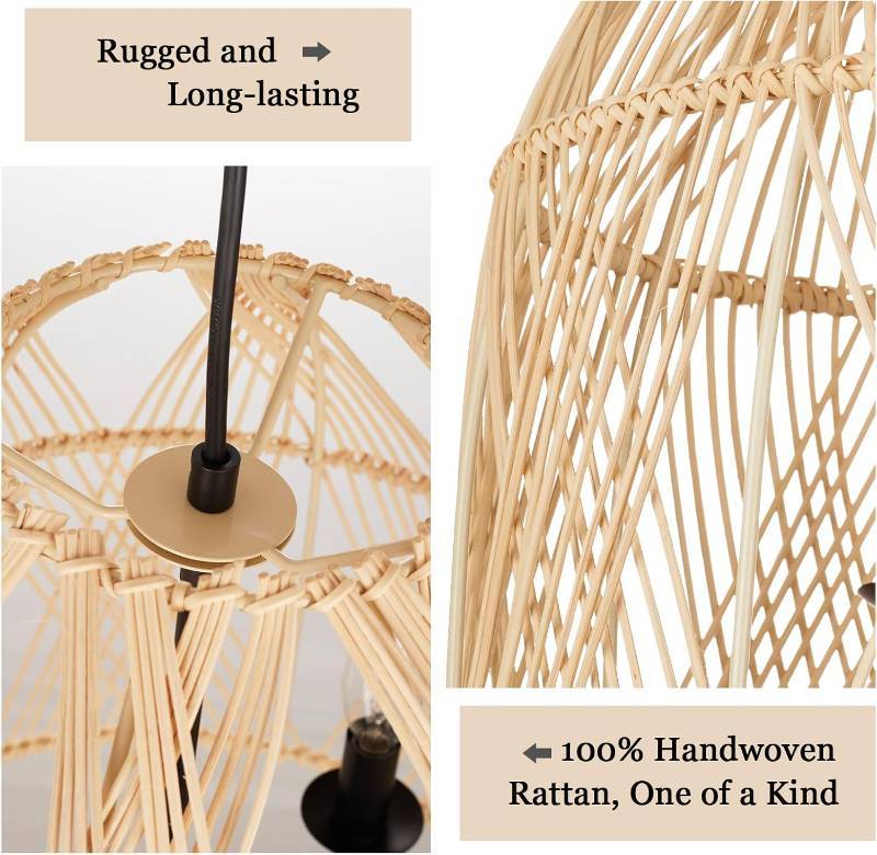 Farmhouse Rattan Pendant Light Fixture, 16 Inch Large Boho Handwoven Hanging Ceiling Mount Lamp Shade, 3-Light Rustic Wicker Chandelier for Kitchen Dining Living Room Bedroom Hallway Foyer