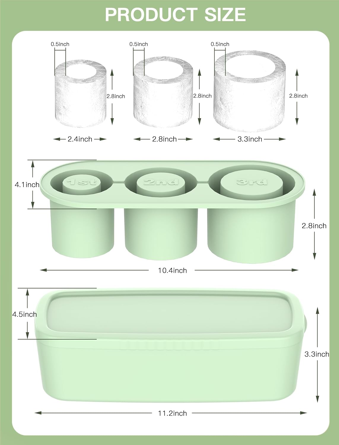 Ice Cube Tray for Tumblers and Stanley Cups, with 3 Hollow Silicone Cylinder Ice Mold with Lid and Bin for Freezer, Easy Fill & Release Ice Maker (Color-Green) (Size- 30 Oz - 40 Oz)