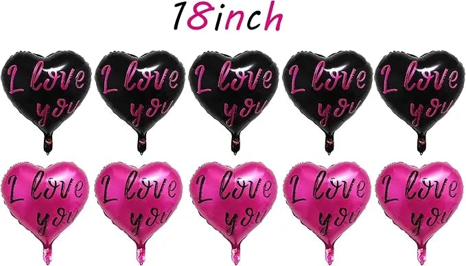 10Pcs Black & Hot Pink Heart Shape Foil Mylar Balloons 18 Inch for Valentine's Day, Birthday Party Decorations, Wedding, Engagement, Romantic Decorations