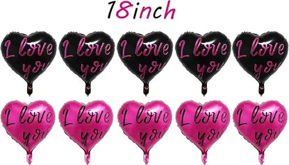 10Pcs Black & Hot Pink Heart Shape Foil Mylar Balloons 18 Inch for Valentine's Day, Birthday Party Decorations, Wedding, Engagement, Romantic Decorations