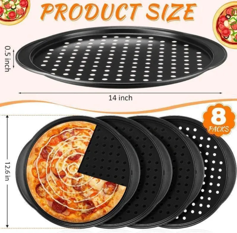 Meekoo 8 Pcs Pizza Pans with Holes and Handle 12 Inch Non Stick Pizza Crisper Tray for Oven Round Carbon Steel Perforated Pizza Baking Accessories for Home Restaurant Kitchen Baking Supplies