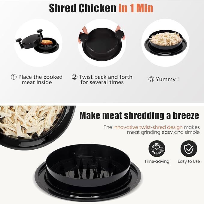 Chicken Shredder Tool Twist, Meat Shredder with Ergonomic Handle, Easy Cleaning, Anti-Slip, Dishwasher Safe - Black