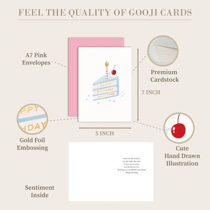 Gooji Cute Birthday Card for Her – Pastel Cake Slice Design with Cherry and Candle – Birthday Card for Women, Mom, Daughter, Wife, Friend, Girlfriend, Granddaughter, Niece – Includes Sentiment Inside