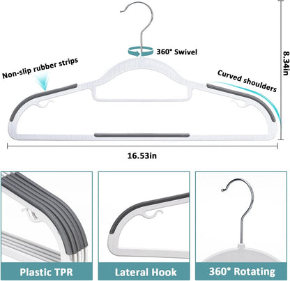 Hangers for Clothes Heavy Duty Plastic Cloth Hanger with Non-Slip Design,0.2 Inches Thick,360°Swivel Hook Space Saving Wardrobe Organizer for Closet,Shirts,Pants,Skirt,Coat (24, Beige)