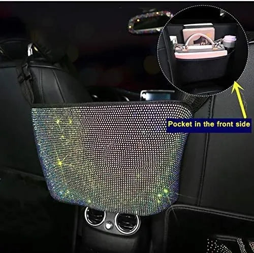 Bling Car Net Pocket Handbag Holder with Rhinestones, Universal Fit, Gold