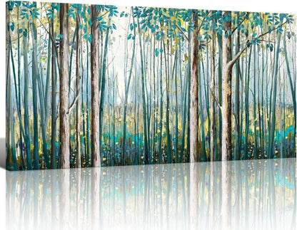 Large 60x30" Hand-Painted Birch Tree & Green Leaf Oil Painting on Canvas — Modern Landscape Wall Art for the Living Room, Bedroom, or Office.