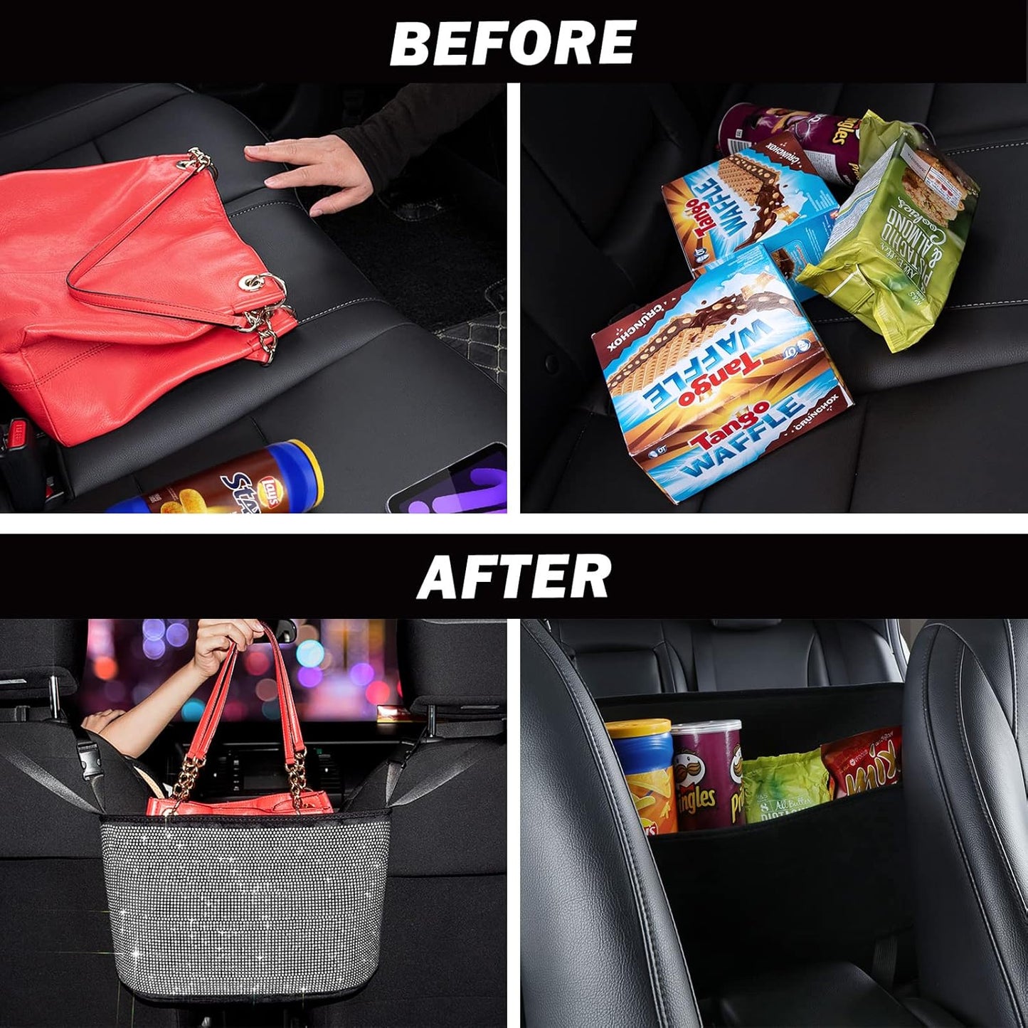 Bling Car Net Pocket Handbag Holder with Rhinestones, Universal Fit, Silver