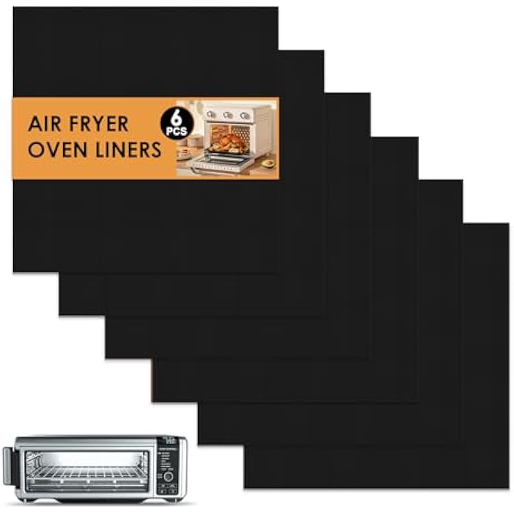 Air Fryer Oven Liners & Grill Mats 6 Pack (11.5" x 11.5") – Non-Stick, Reusable, Heat Resistant Toaster Oven Sheets – Cut-to-Fit, BPA Free & Dishwasher Safe, Black