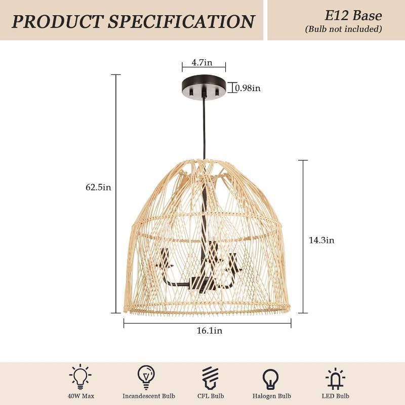 Farmhouse Rattan Pendant Light Fixture, 16 Inch Large Boho Handwoven Hanging Ceiling Mount Lamp Shade, 3-Light Rustic Wicker Chandelier for Kitchen Dining Living Room Bedroom Hallway Foyer