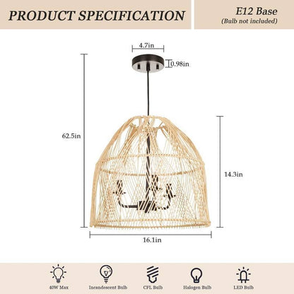 Farmhouse Rattan Pendant Light Fixture, 16 Inch Large Boho Handwoven Hanging Ceiling Mount Lamp Shade, 3-Light Rustic Wicker Chandelier for Kitchen Dining Living Room Bedroom Hallway Foyer