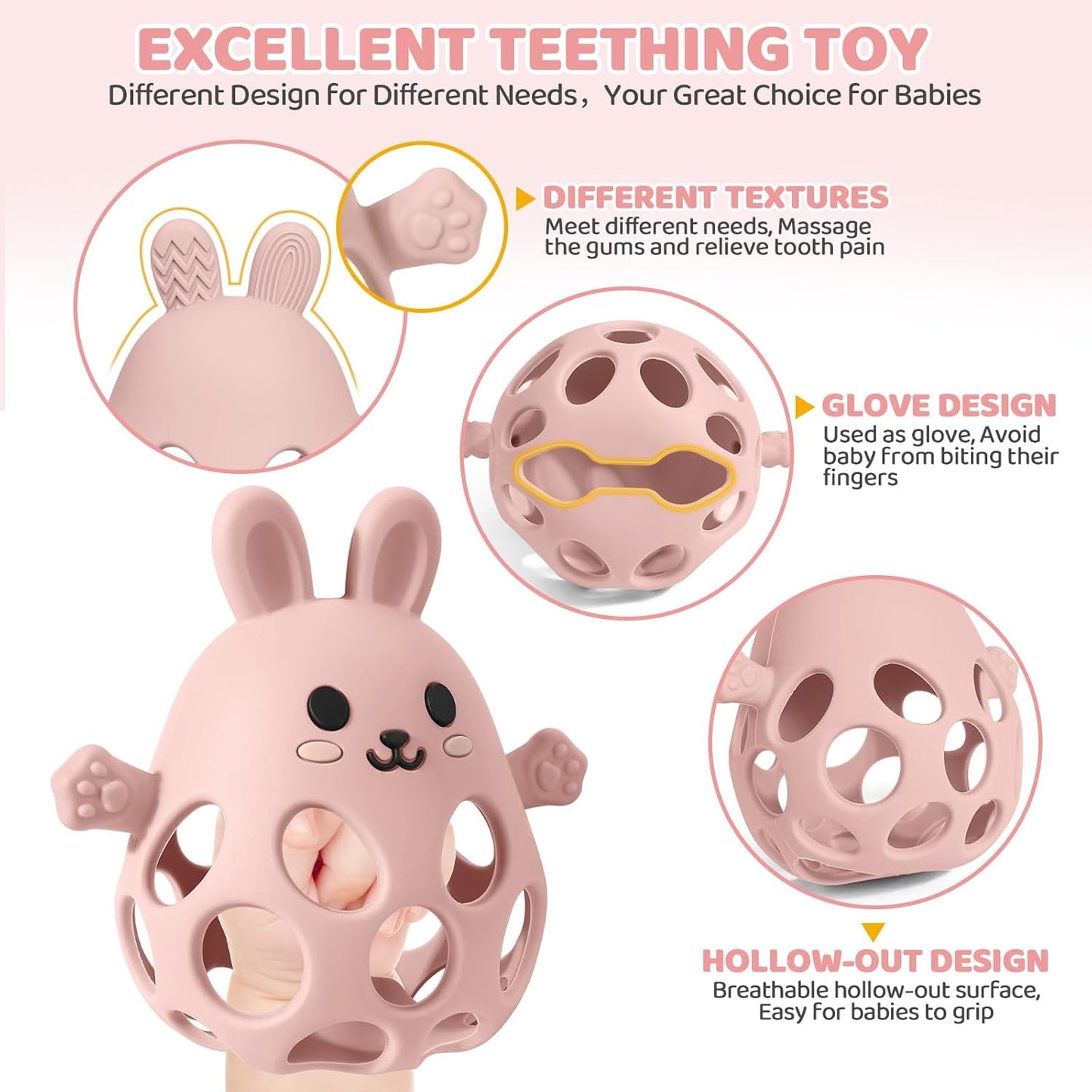 New Infant Silicone Baby Teether Toy Sensory Toy from 0 Months Prevents Finger Sucking (Rose Pink)