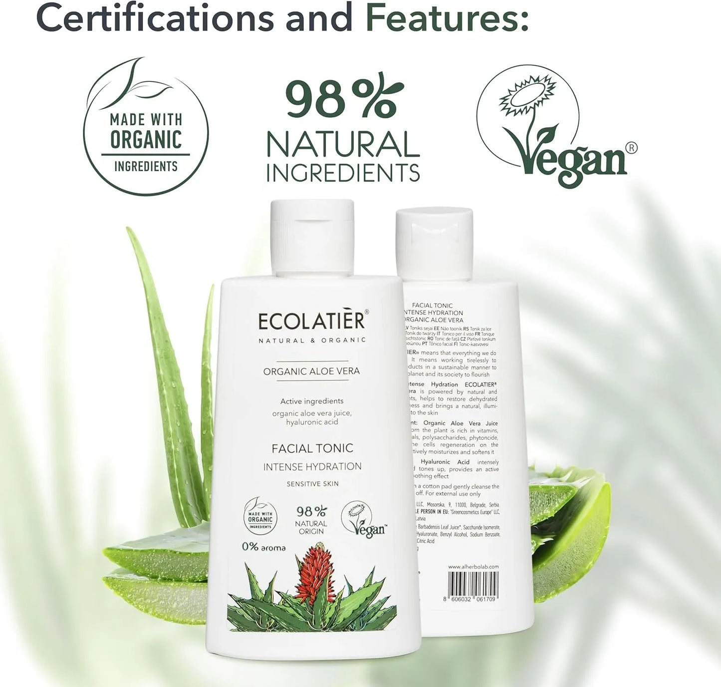 ECOLATIÈR Toner for Face with Organic Aloe Vera – Intense Hydration, Vegan, 98% Natural, Moisturizing & Soothing for Sensitive Skin, Gentle Daily Use, Tones & Softens, 8.5 Fl Oz / 250ml