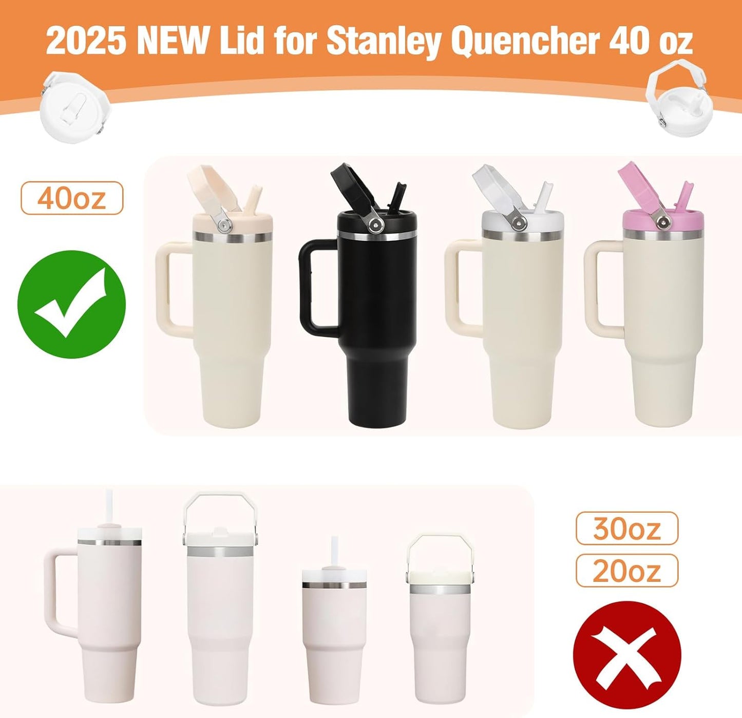 40 oz Flip Straw Leak Proof Lid with Handle for 40 oz. Stanley Quencher H2.0 & Pro Tour, Replacement Lid, Spill-proof, & Reusable (white)