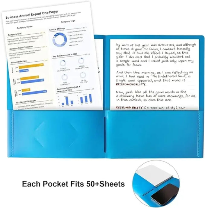 5 Folders with Pockets, 5 Color Heavy Duty Plastic Two Pocket Folder with Business Card Holder for Office High School Business Resume