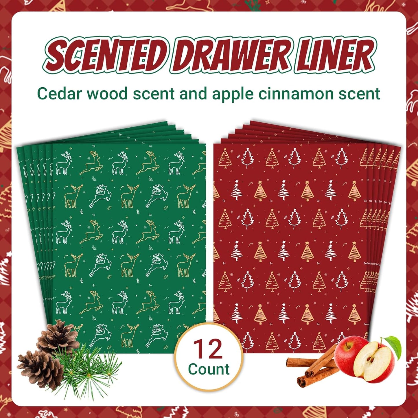 Christmas Scented Drawer Liners – 12 Sheets (14.3" x 19.5") – Apple Cinnamon & Cedar Fragrance – Festive Shelf Paper for Dressers, Closets & Holiday Gifting (Gift Box Included)