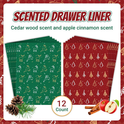 Christmas Scented Drawer Liners – 12 Sheets (14.3" x 19.5") – Apple Cinnamon & Cedar Fragrance – Festive Shelf Paper for Dressers, Closets & Holiday Gifting (Gift Box Included)