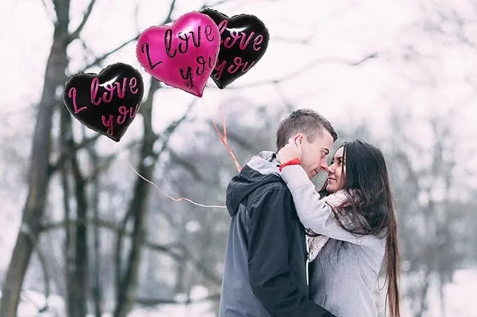 10Pcs Black & Hot Pink Heart Shape Foil Mylar Balloons 18 Inch for Valentine's Day, Birthday Party Decorations, Wedding, Engagement, Romantic Decorations
