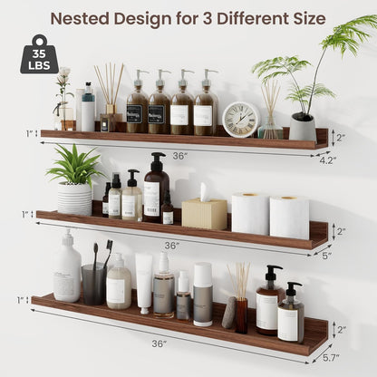 Set of 3 Walnut Picture Ledge Shelves (36 Inch) - U-Shaped Floating Wall Mount for Photos, Vinyl Records & Decor - Modern Display Ledge