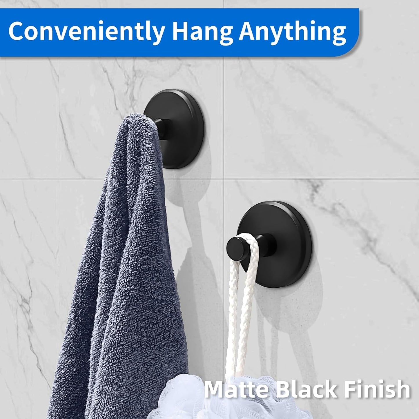 2 Pack Suction Cup Hooks for Shower, Towel Hooks for Bathrooms, Suction Hooks for Windows, Glass, Mirror, Tile, No Drill Shower Hooks for Hanging Loofah, Robe, Matte Black,