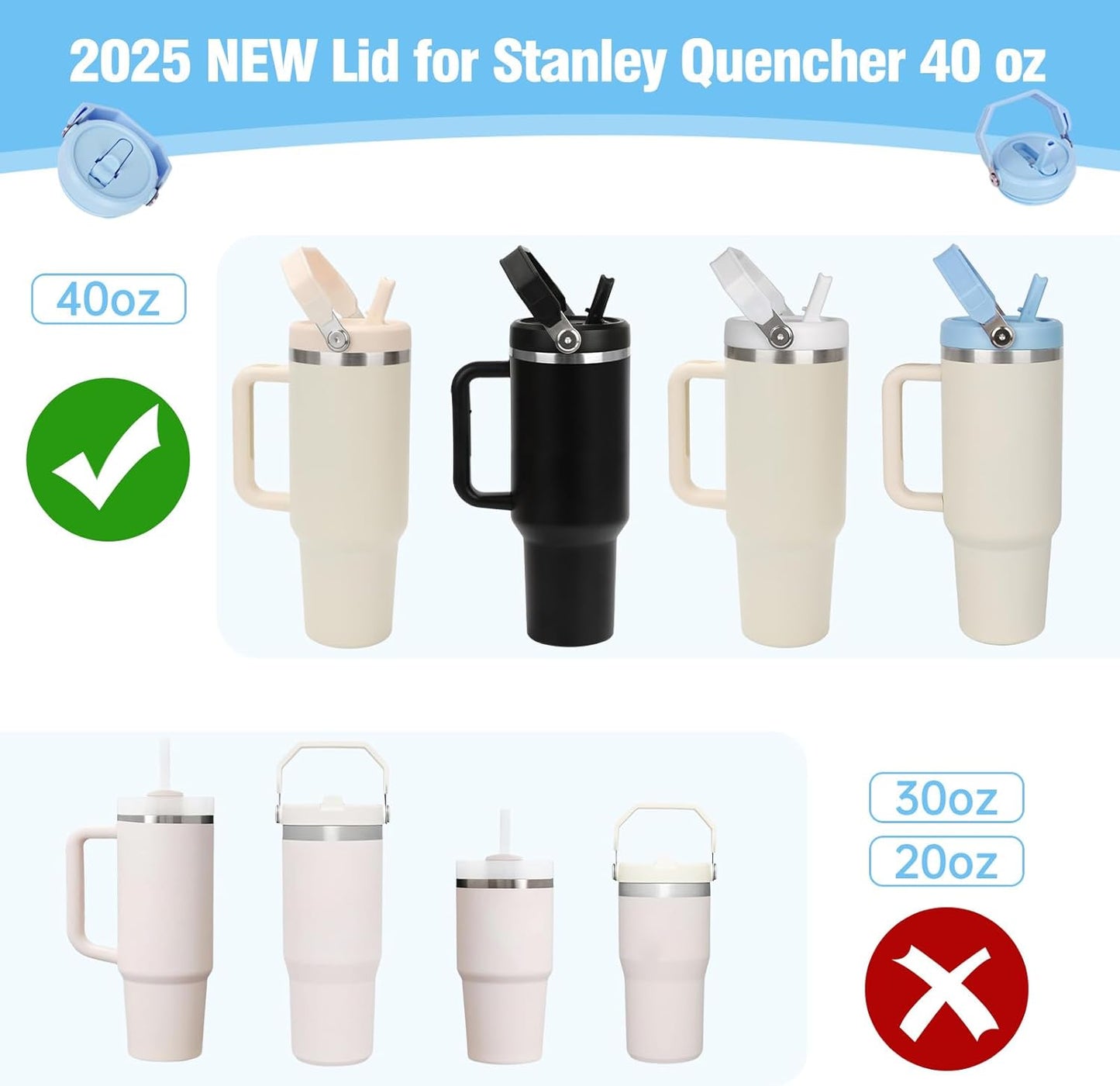 40 oz Flip Straw Leak Proof Lid with Handle for 40 oz. Stanley Quencher H2.0 & Pro Tour, Replacement Lid, Spill-proof, & Reusable (blue)