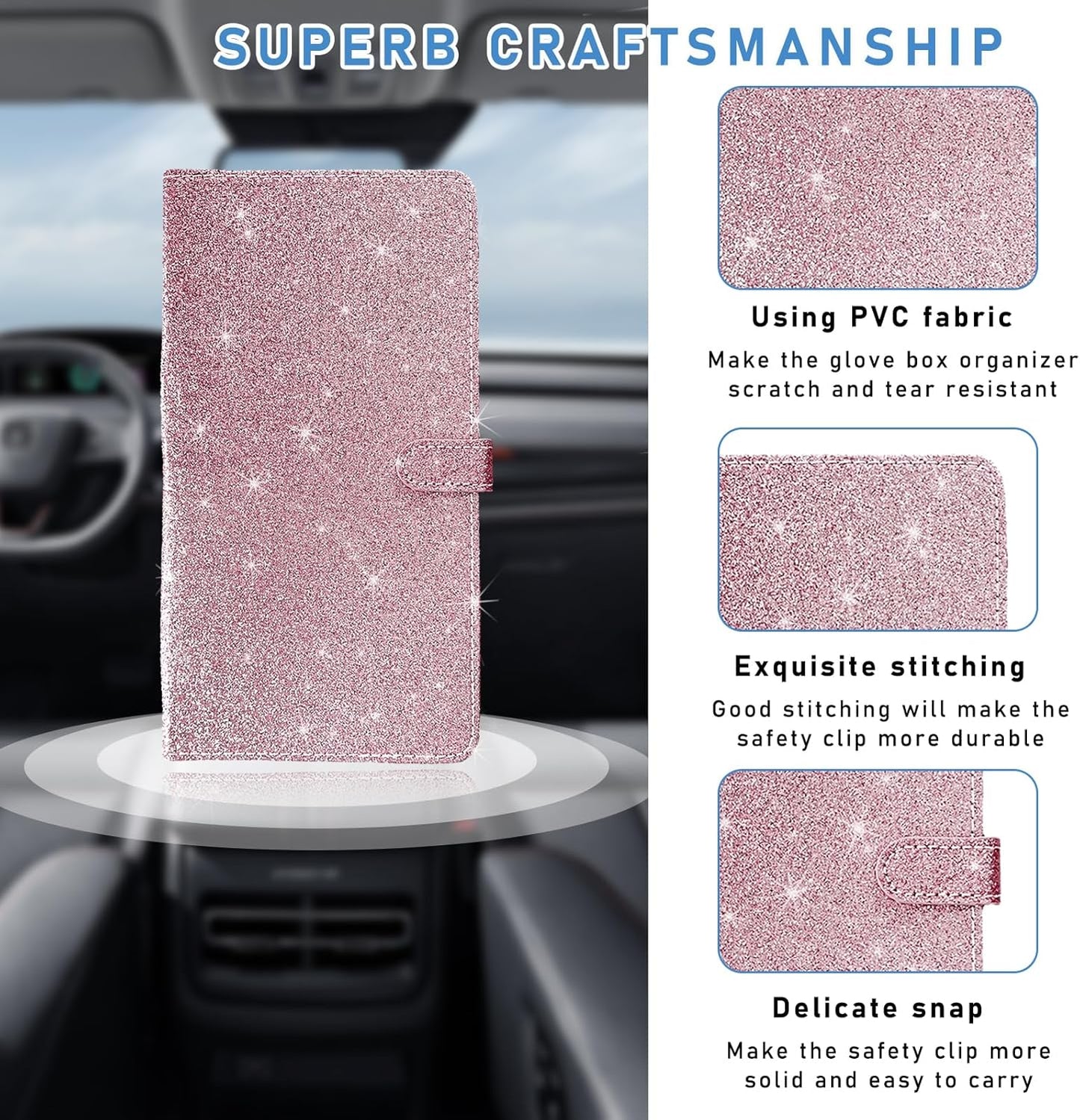Ziciner Car Registration and Insurance Holder, Auto Card Document Glove Box Organizer with Magnetic Closure, Universal Vehicle Interior Accessories for Cars SUVs (Glitter Pink-Large)