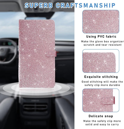 Ziciner Car Registration and Insurance Holder, Auto Card Document Glove Box Organizer with Magnetic Closure, Universal Vehicle Interior Accessories for Cars SUVs (Glitter Pink-Large)