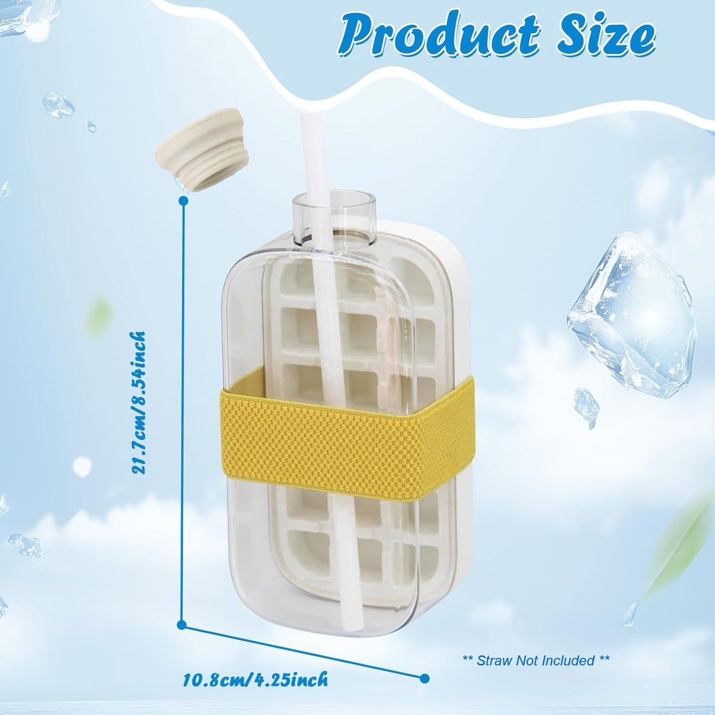 Ice Cube Trays for Freezer, 2 In 1 Ice Cube Tray Water Bottle with Lid and Bin, New Vertical Tray with Lid for Freezer, Easy Ice Release for Freezer (White, 800ml+18 Grids, Straw Not Included)