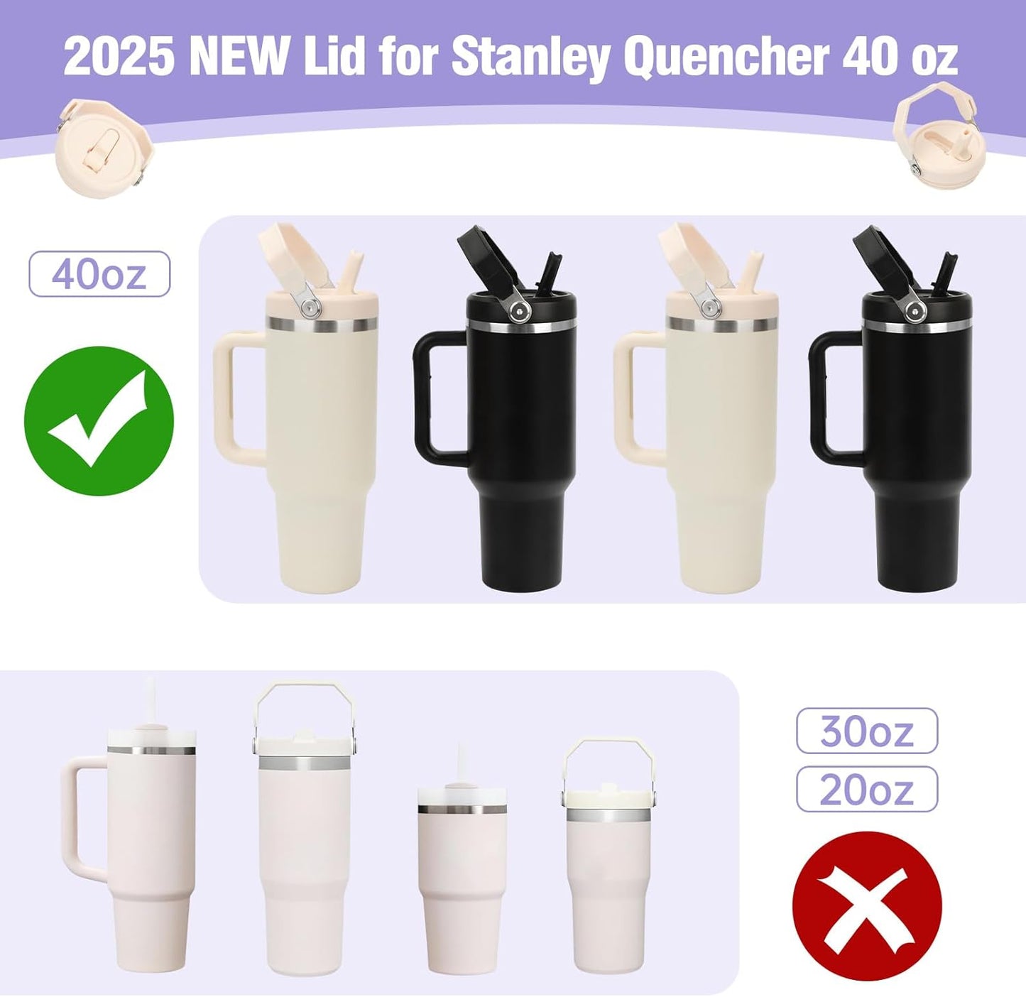 40 oz Flip Straw Leak Proof Lid with Handle for 40 oz. Stanley Quencher H2.0 & Pro Tour, Replacement Lid, Spill-proof, & Reusable (beige)