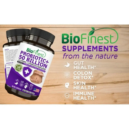 Biofinest Probiotic 50 Billion CFU Enzyme Supplement - 12 Probiotics Strains with 3 Prebiotics (60 veg. caps)