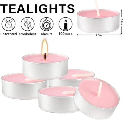 100 Pack Pink Tealight Candles 4 Hour Unscented Votive Candles