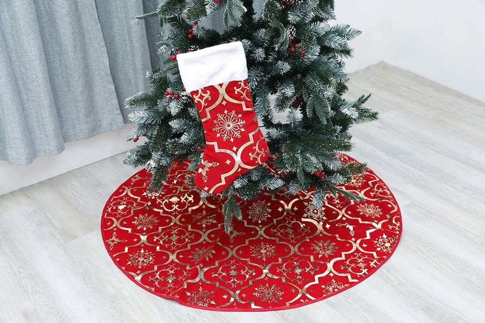 Flash World 36 Inch Large Christmas Tree Skirt Xmas Soft Cover Mat Decor Snowflake Collar Farmhouse Tree Skirt for Holiday Ornaments Party Home Indoor Decorations (Red, 48INCH)