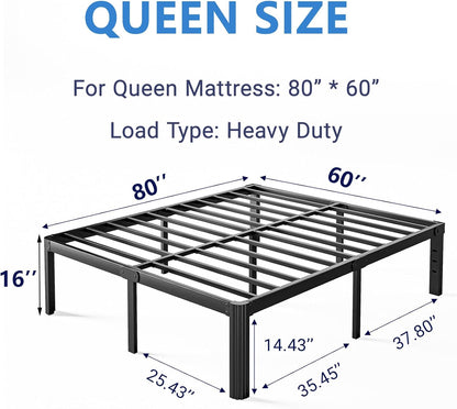 16 Inch High Platform Queen Bed Frame No Box Spring Needed, Metal Bed Frame Queen Size, Noise Free, Easy Assembly, Heavy Duty, Black