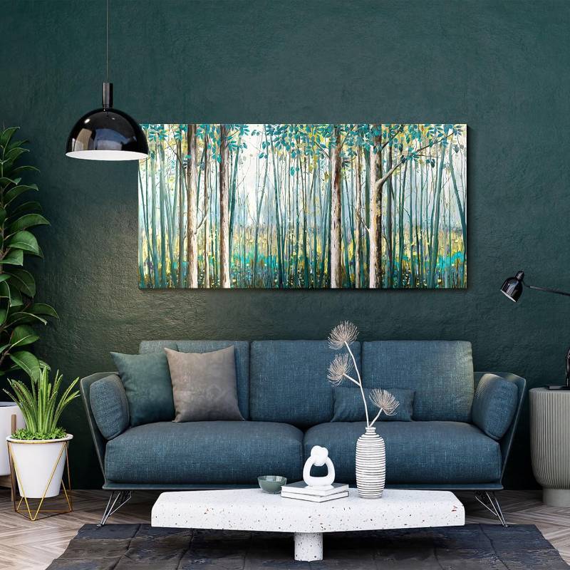 Large 60x30" Hand-Painted Birch Tree & Green Leaf Oil Painting on Canvas — Modern Landscape Wall Art for the Living Room, Bedroom, or Office.