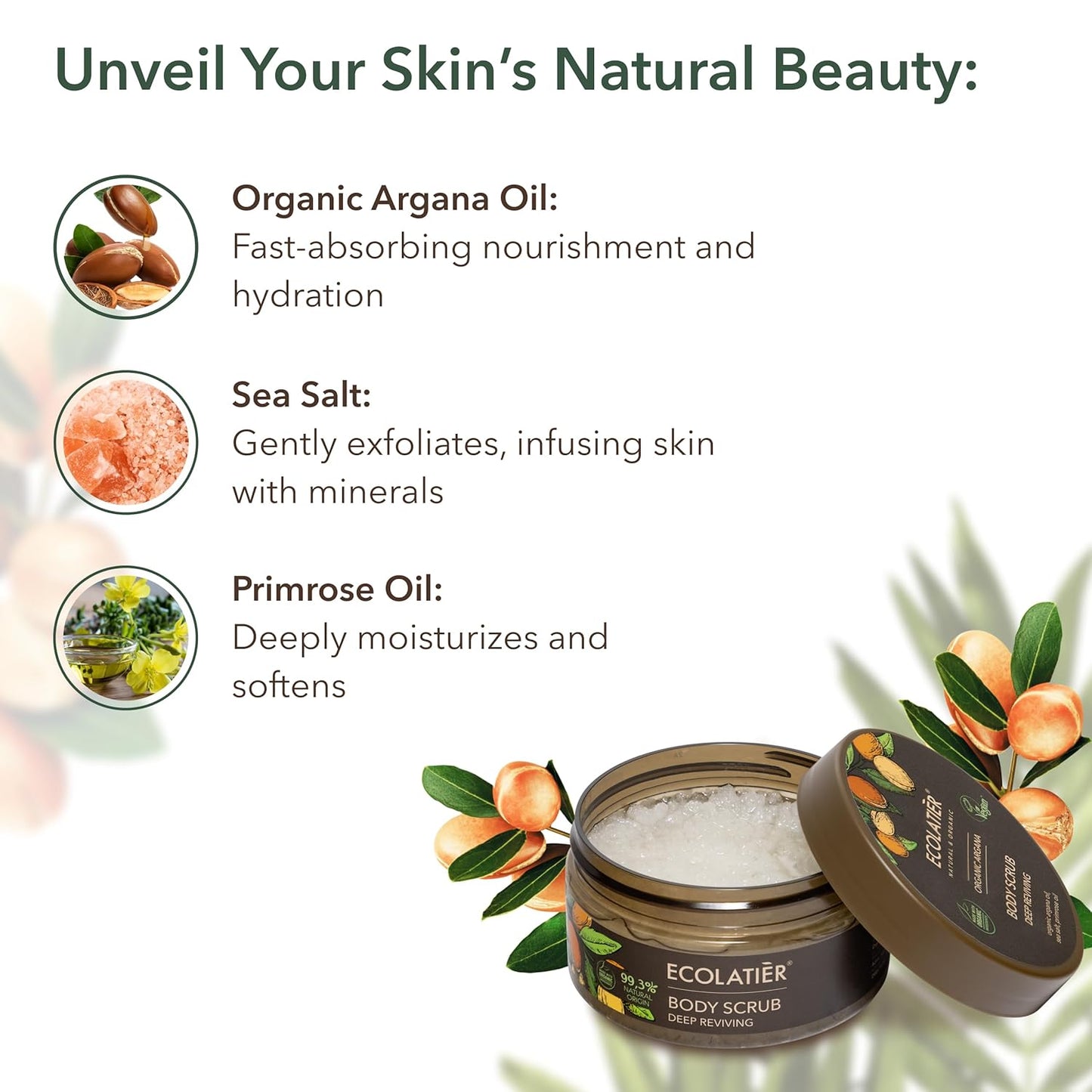 Body Scrub with Organic Argan Oil – Deep Reviving Salt Exfoliating Body Scrub 99.3% Natural, Vegan, Gentle Hydrating Scrub for Smooth Skin, 8.5 Fl Oz