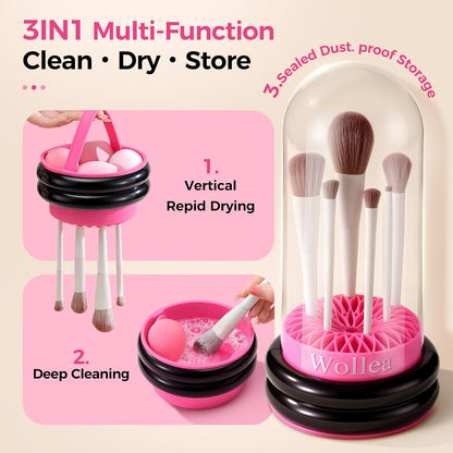 3 in 1 Makeup Brush Cleaner, Silicone Cleansing Pad, Clear Cover Brush Holder and Storage Box, Quick Dry Storage, for Removing Makeup Brushes, Sponges, Puffs Residue