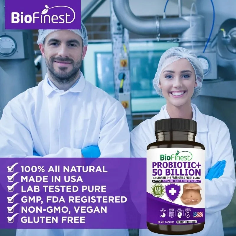 Biofinest Probiotic 50 Billion CFU Enzyme Supplement - 12 Probiotics Strains with 3 Prebiotics (60 veg. caps)