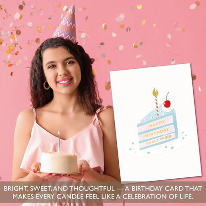 Gooji Cute Birthday Card for Her – Pastel Cake Slice Design with Cherry and Candle – Birthday Card for Women, Mom, Daughter, Wife, Friend, Girlfriend, Granddaughter, Niece – Includes Sentiment Inside